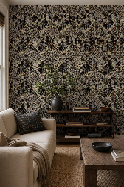 Primitive Linework Wallpaper Black Beige Geometric Block Print Wall Pattern