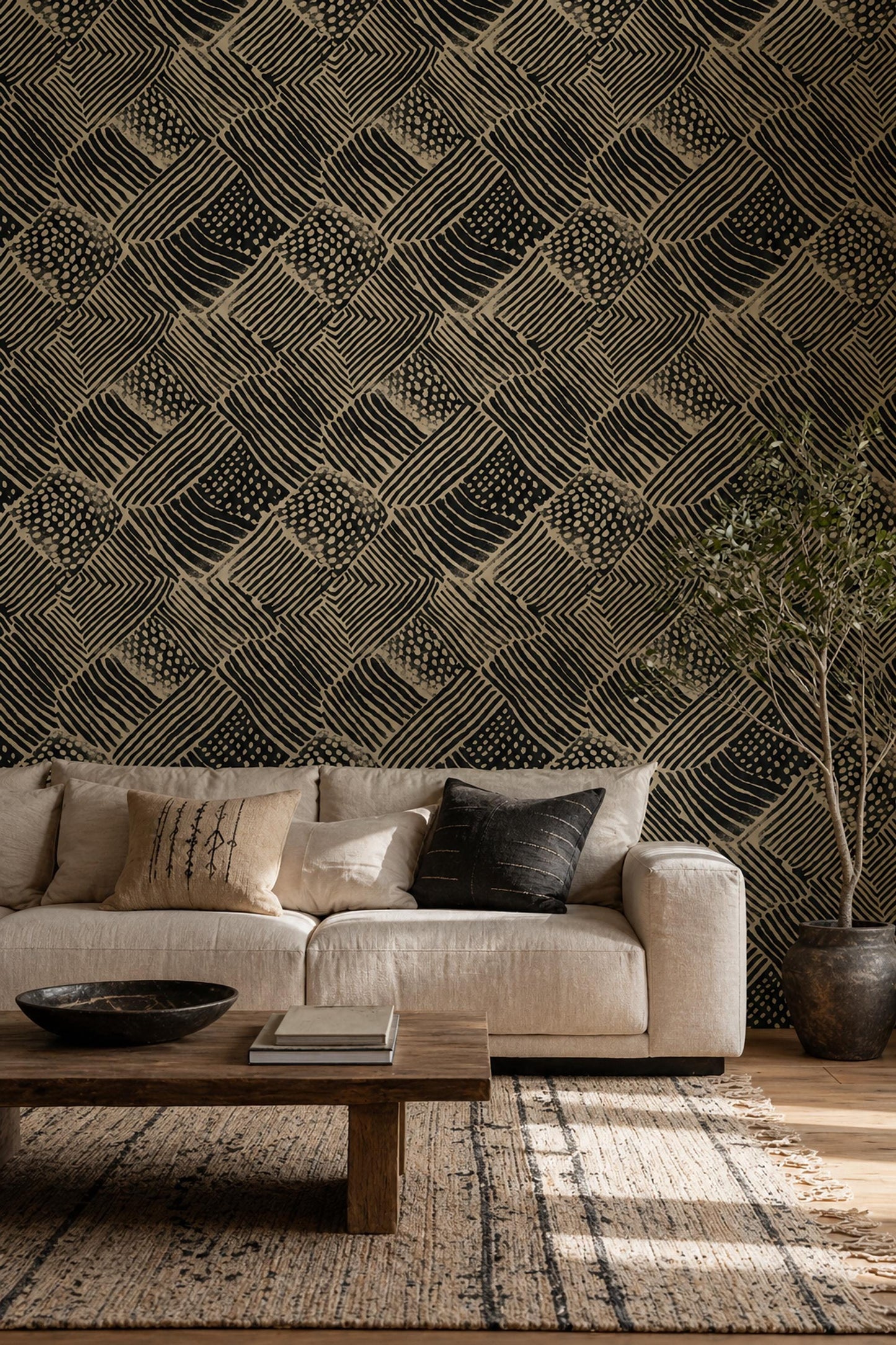 Primitive Linework Wallpaper Black Beige Geometric Block Print Wall Pattern