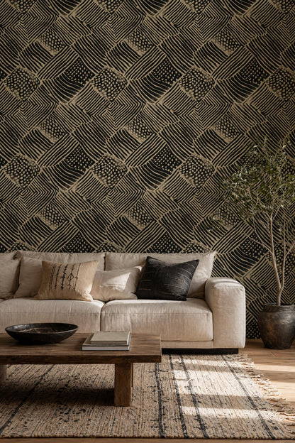 Primitive Linework Wallpaper Black Beige Geometric Block Print Wall Pattern