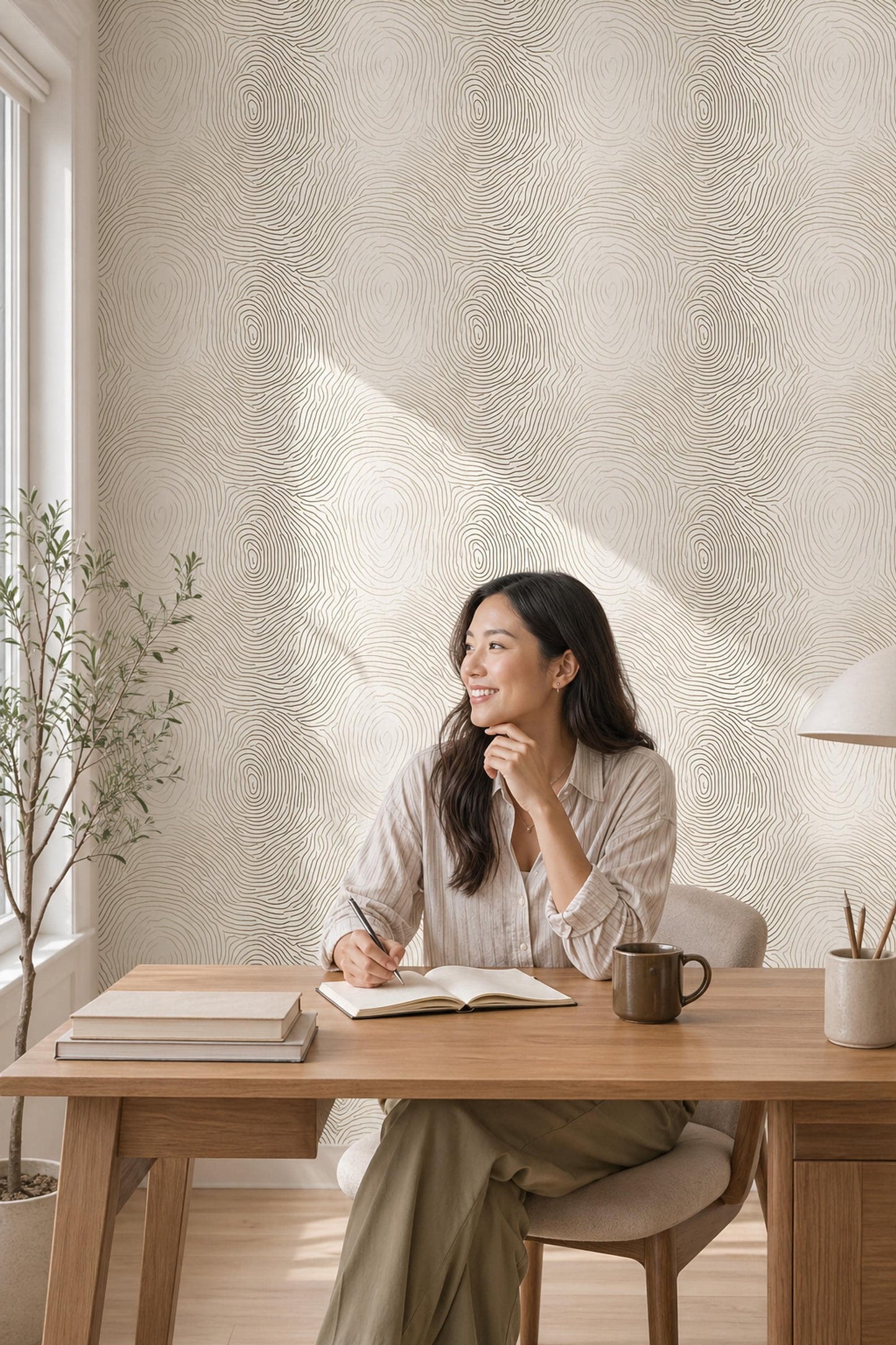 Abstract Wood Grain Wallpaper Gold Topographic Lines Neutral Wall Decor