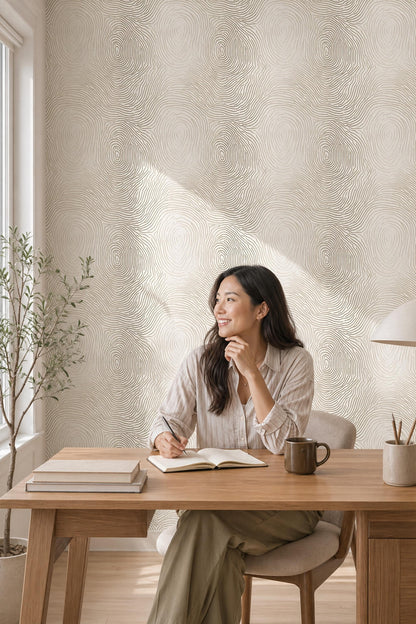 Abstract Wood Grain Wallpaper Gold Topographic Lines Neutral Wall Decor