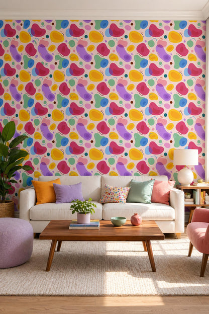 Colorful Abstract Shapes Wallpaper Retro Blob Pattern Modern Wall Decor