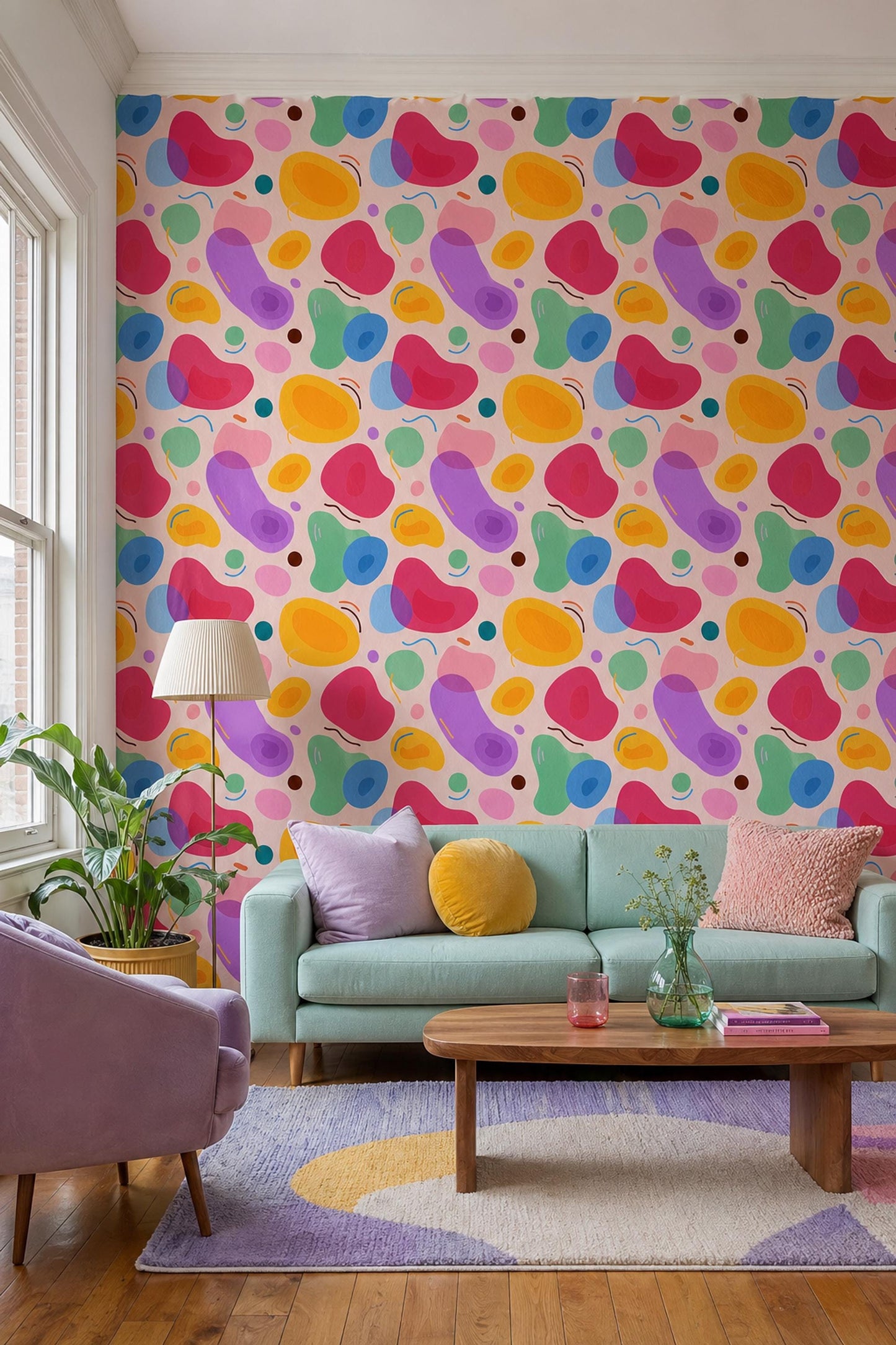 Colorful Abstract Shapes Wallpaper Retro Blob Pattern Modern Wall Decor