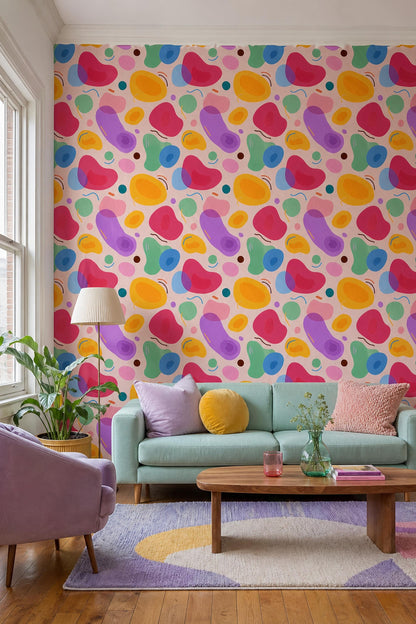 Colorful Abstract Shapes Wallpaper Retro Blob Pattern Modern Wall Decor