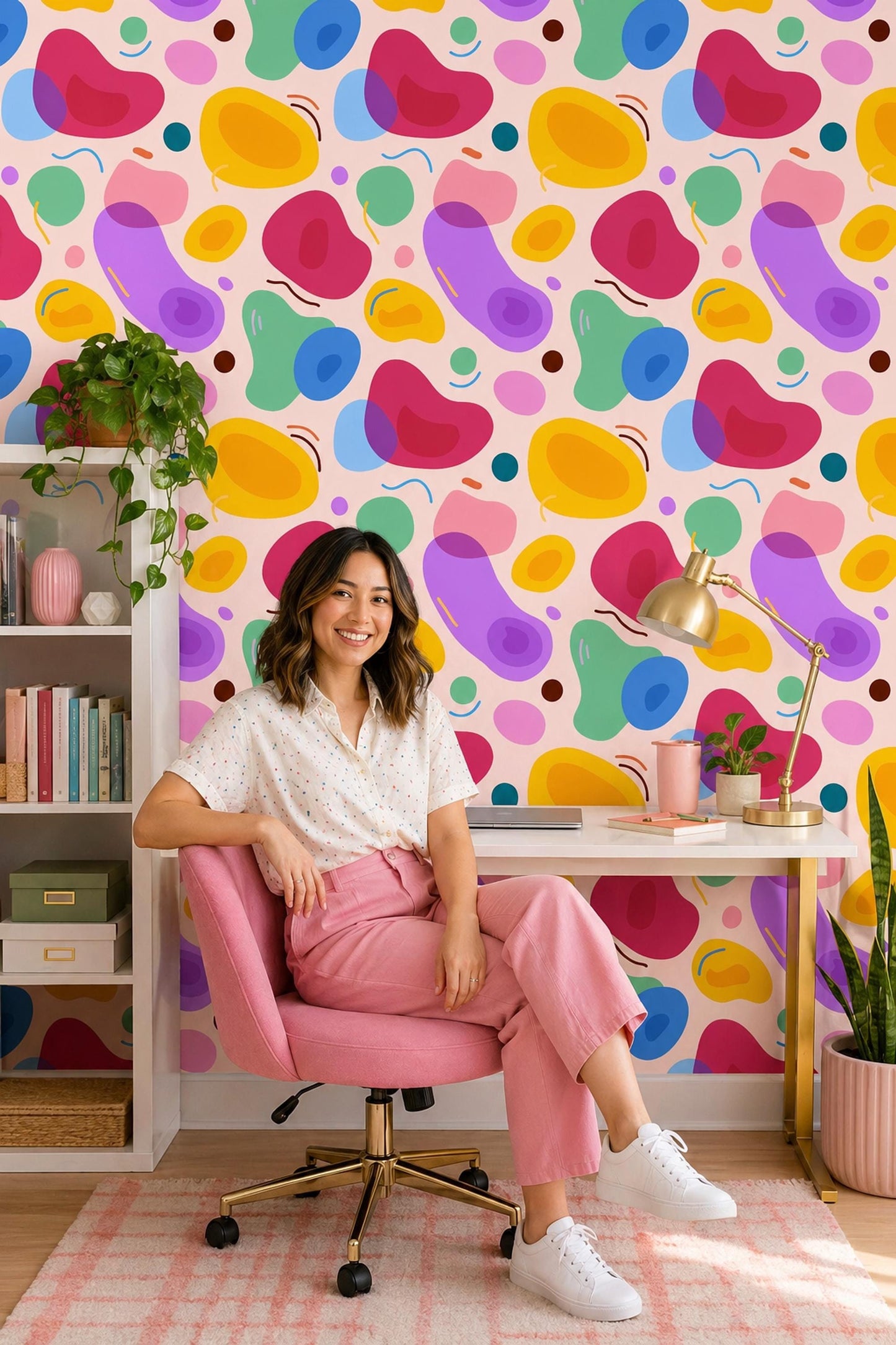 Colorful Abstract Shapes Wallpaper Retro Blob Pattern Modern Wall Decor