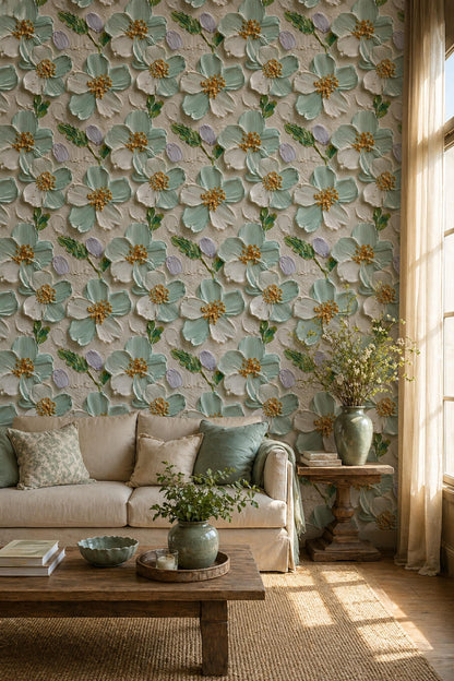 Textured Floral Wallpaper 3D Effect Sage Green Flower Luxury Wall Decor