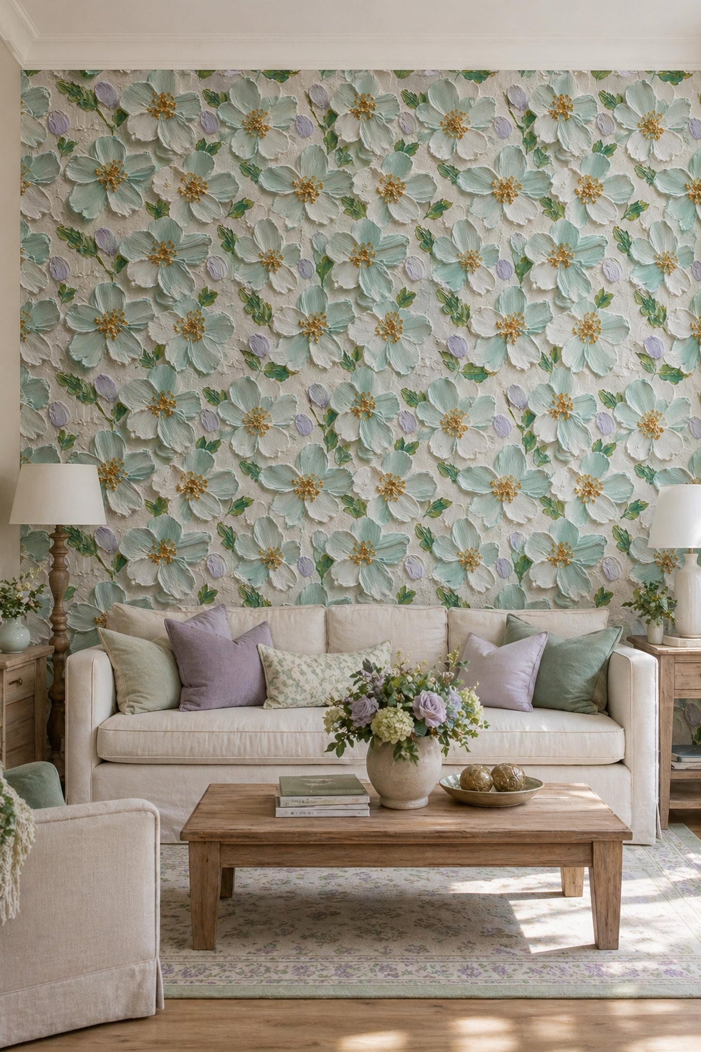 Textured Floral Wallpaper 3D Effect Sage Green Flower Luxury Wall Decor