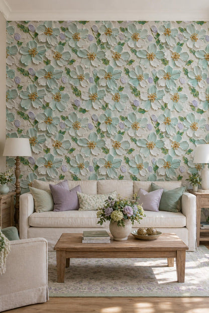 Textured Floral Wallpaper 3D Effect Sage Green Flower Luxury Wall Decor