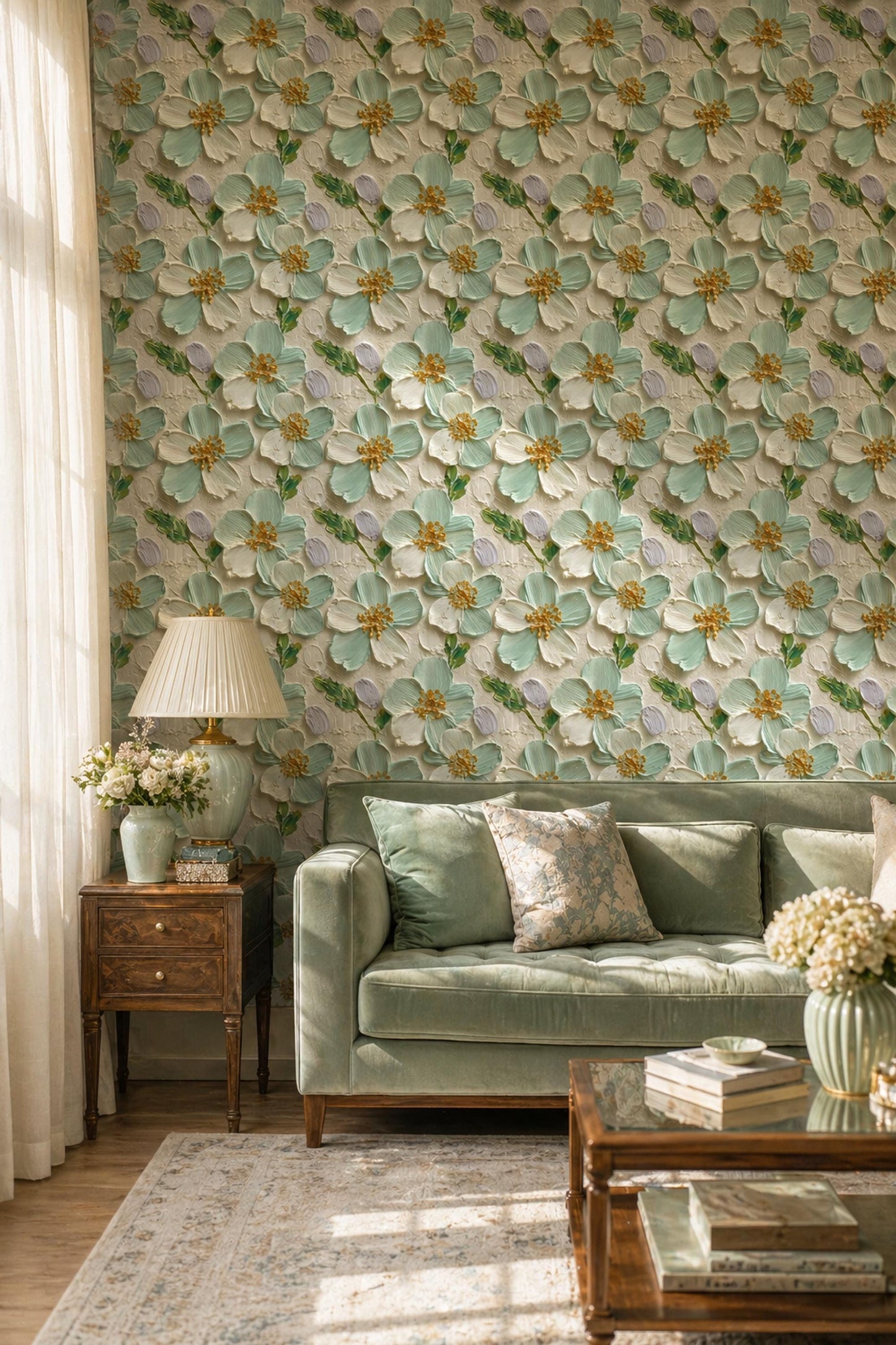 Textured Floral Wallpaper 3D Effect Sage Green Flower Luxury Wall Decor