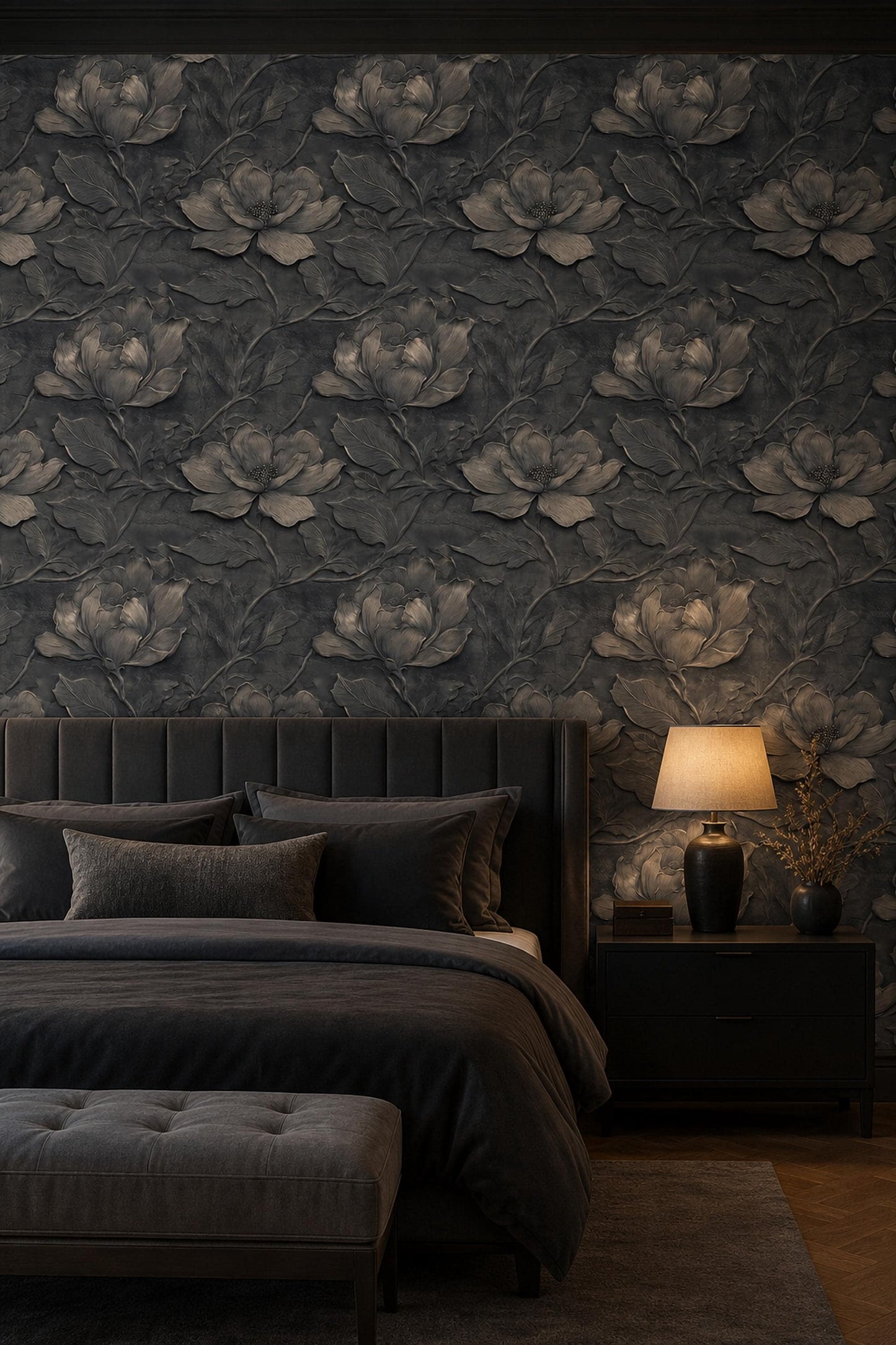 Dark Floral Wallpaper Embossed 3D Luxury Wall Mural Moody Interior Decor