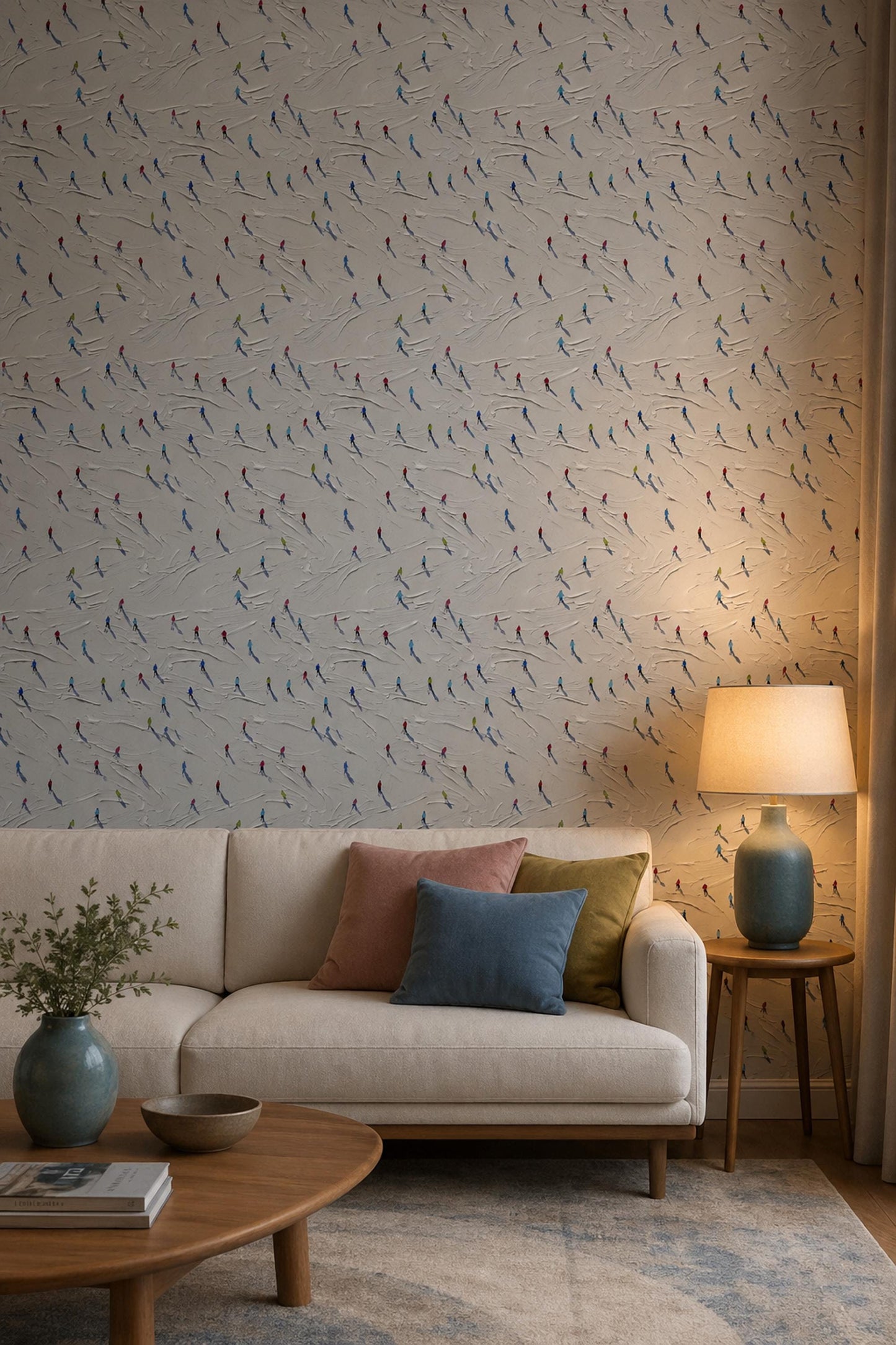 Skiers Pattern Wallpaper Minimal Snow Texture Winter Sport Wall Decor