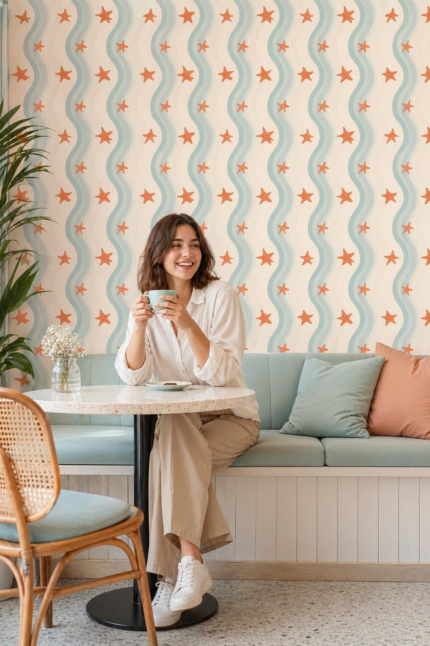 Coastal Starfish Wallpaper Wavy Stripe Beach House Pattern Wall Decor