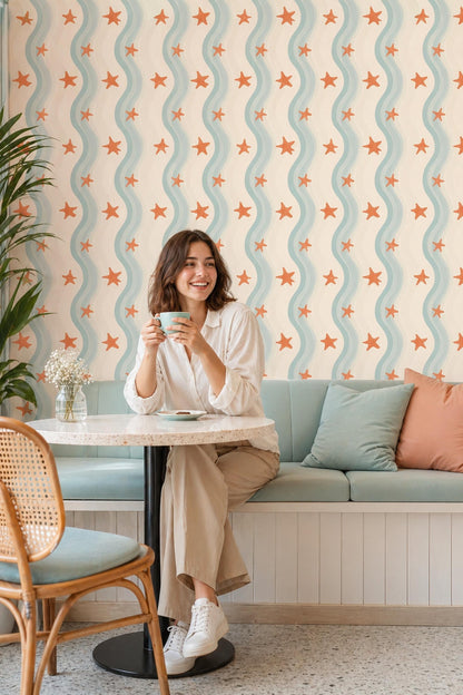 Coastal Starfish Wallpaper Wavy Stripe Beach House Pattern Wall Decor
