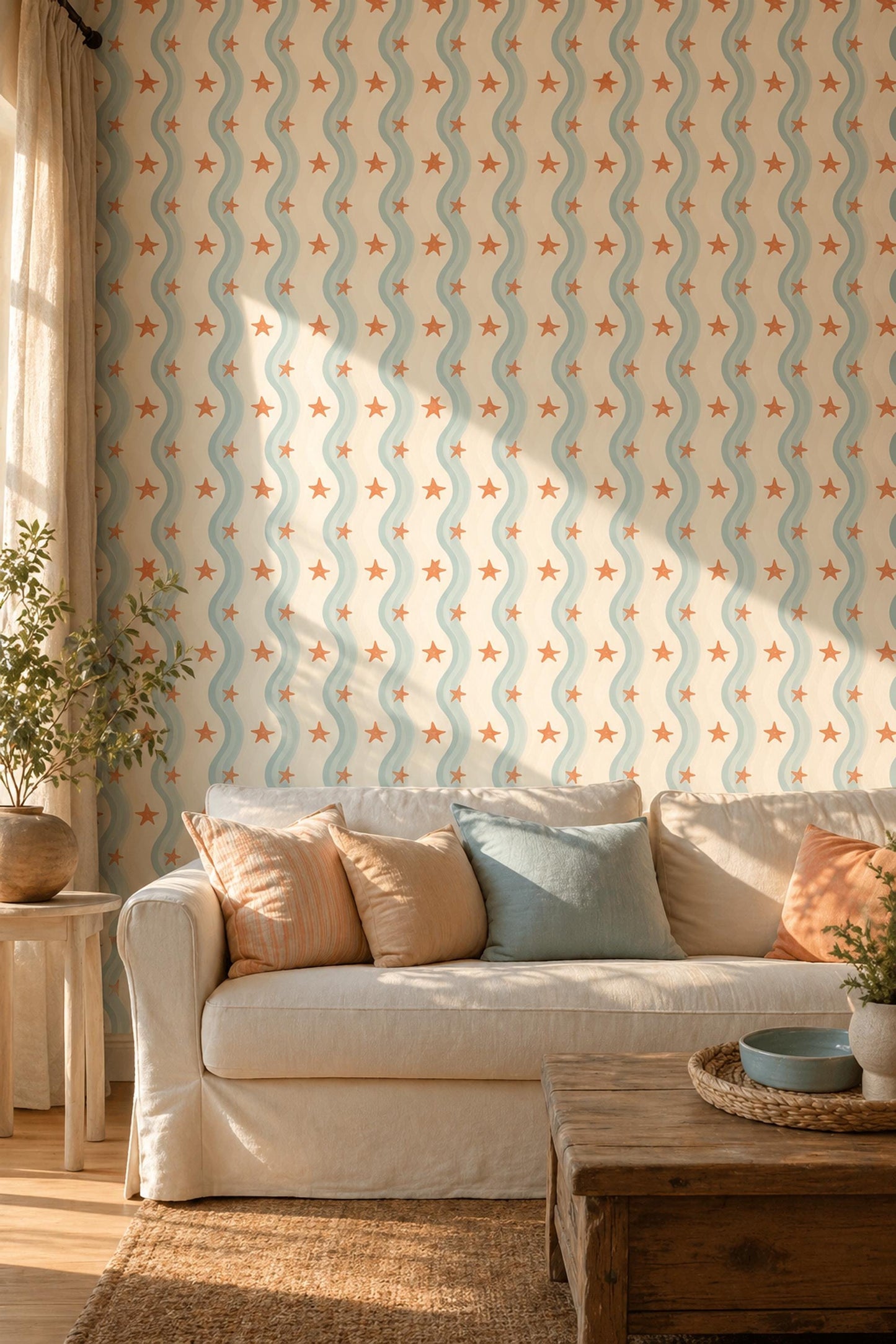 Coastal Starfish Wallpaper Wavy Stripe Beach House Pattern Wall Decor