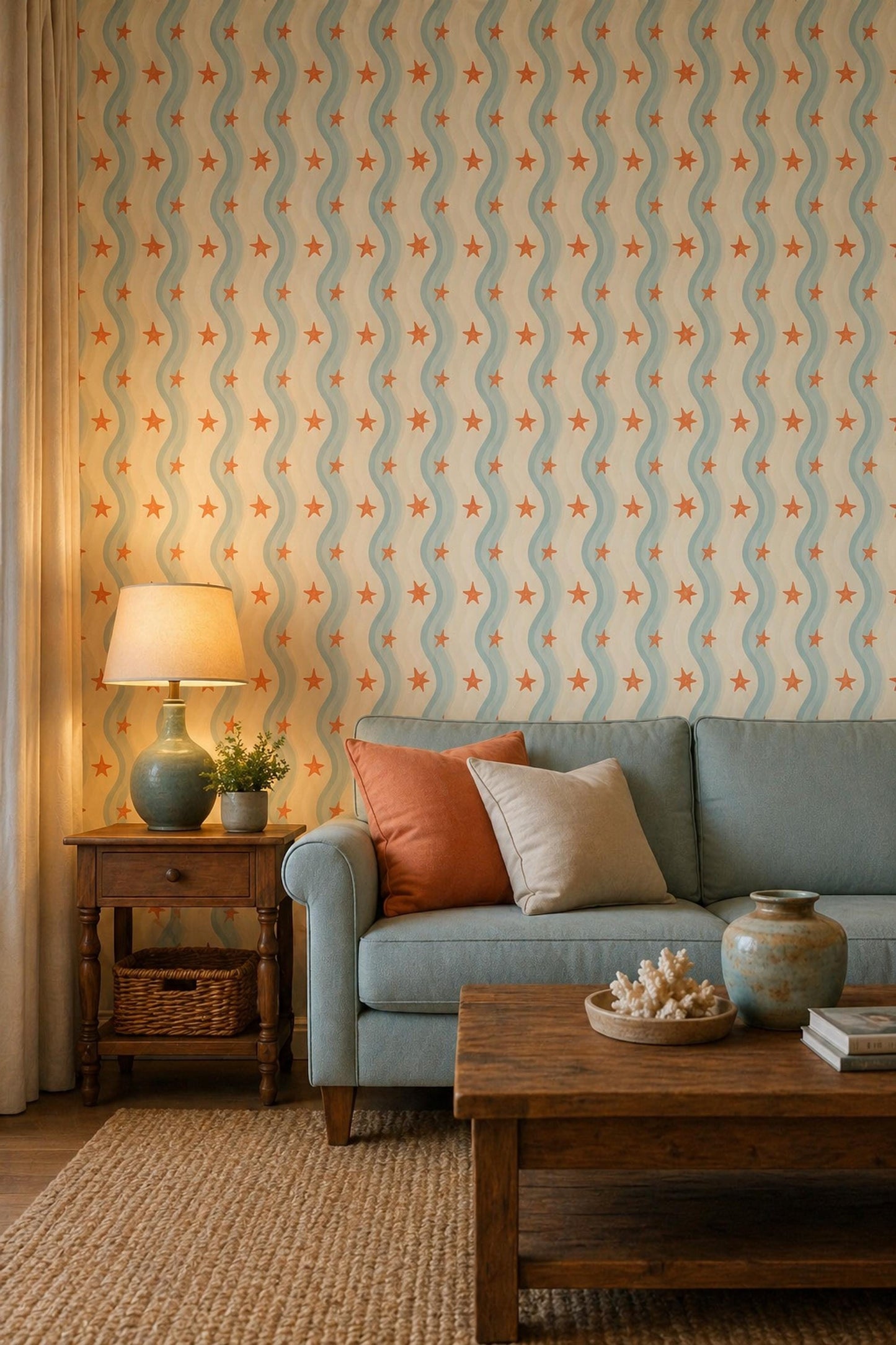 Coastal Starfish Wallpaper Wavy Stripe Beach House Pattern Wall Decor