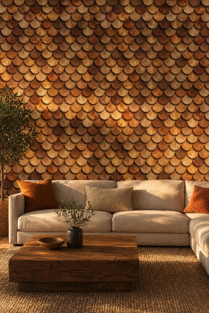 Rustic Wood Tile Wallpaper Scallop Pattern Earth Tone Textured Wall Decor
