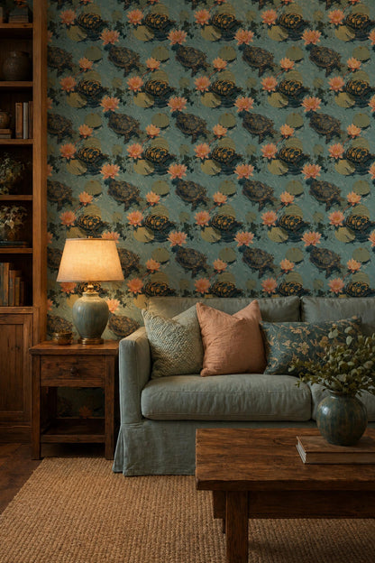 Lotus Turtle Wallpaper Pond Pattern Water Garden Japandi Wall Decor