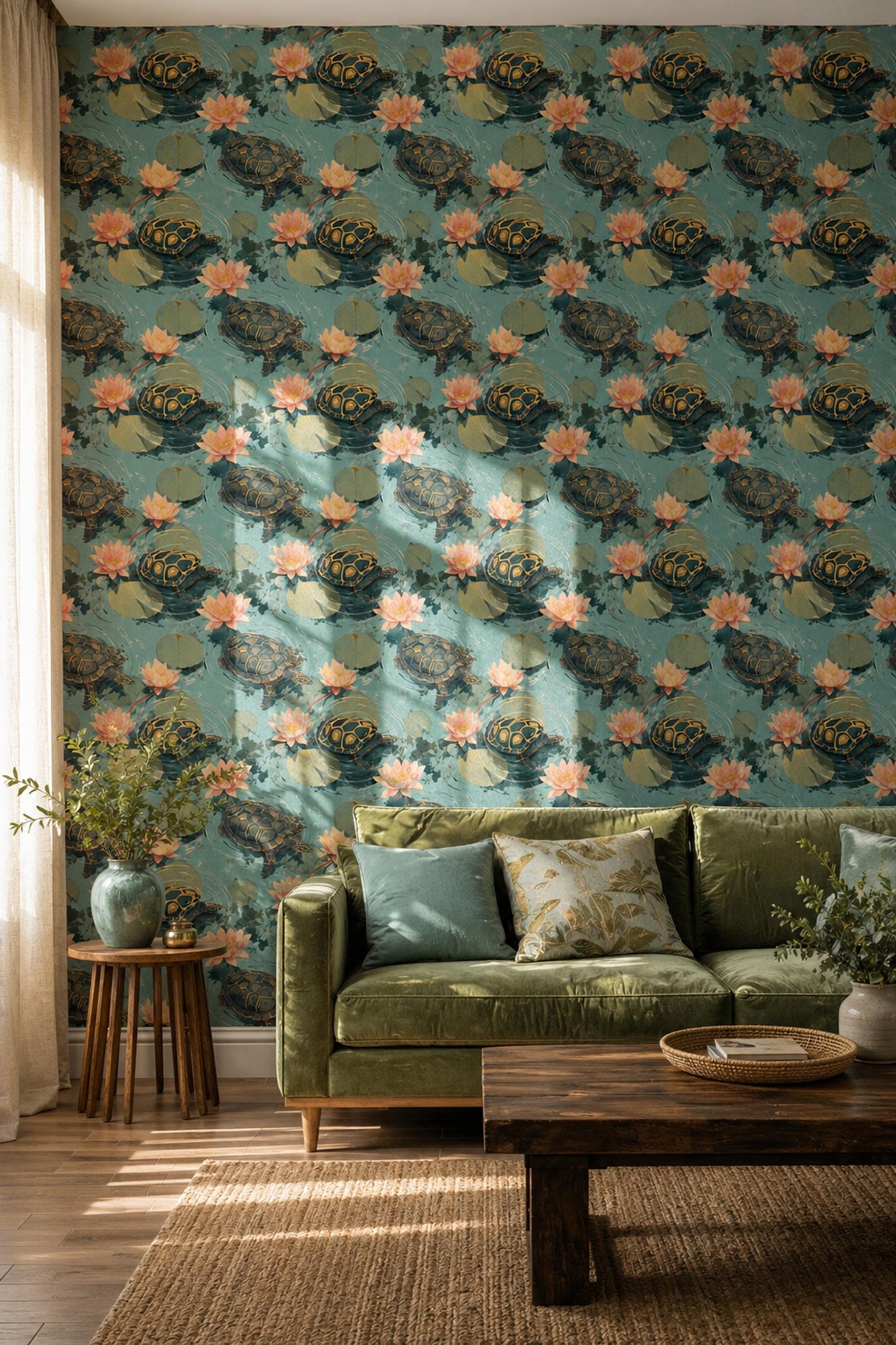Lotus Turtle Wallpaper Pond Pattern Water Garden Japandi Wall Decor
