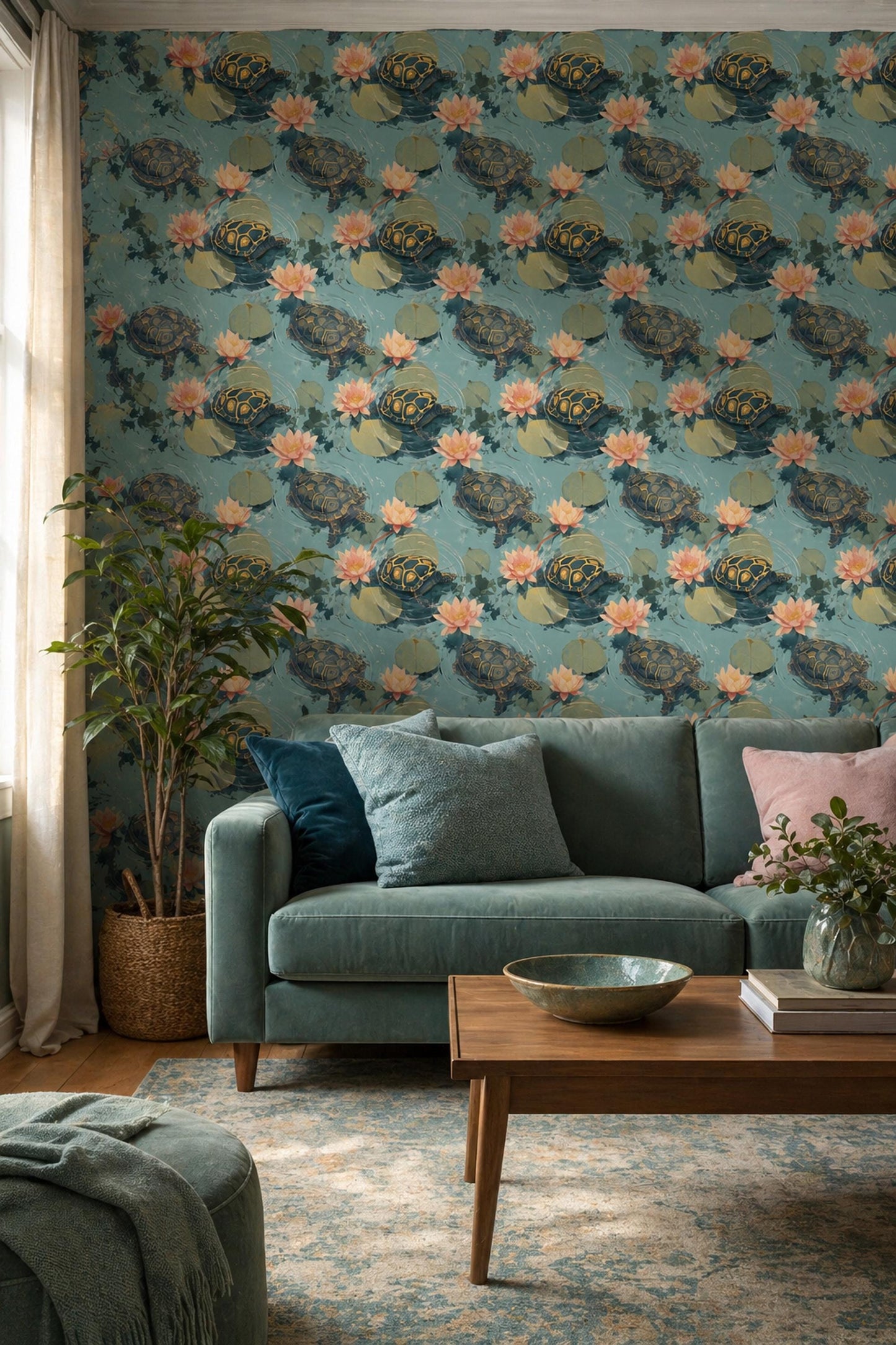 Lotus Turtle Wallpaper Pond Pattern Water Garden Japandi Wall Decor