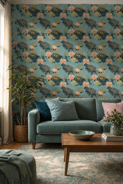 Lotus Turtle Wallpaper Pond Pattern Water Garden Japandi Wall Decor