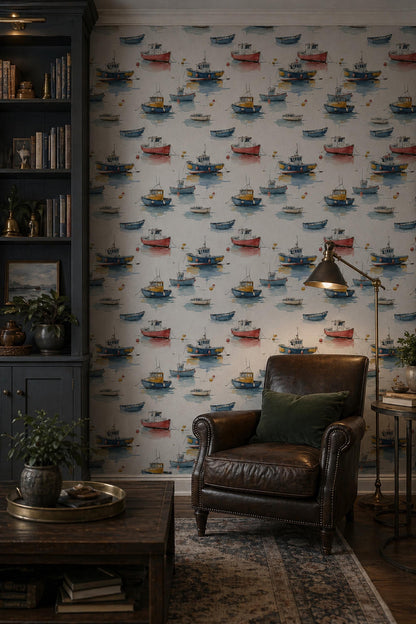 Coastal Boat Wallpaper Watercolor Nautical Pattern Beach House Wall Decor