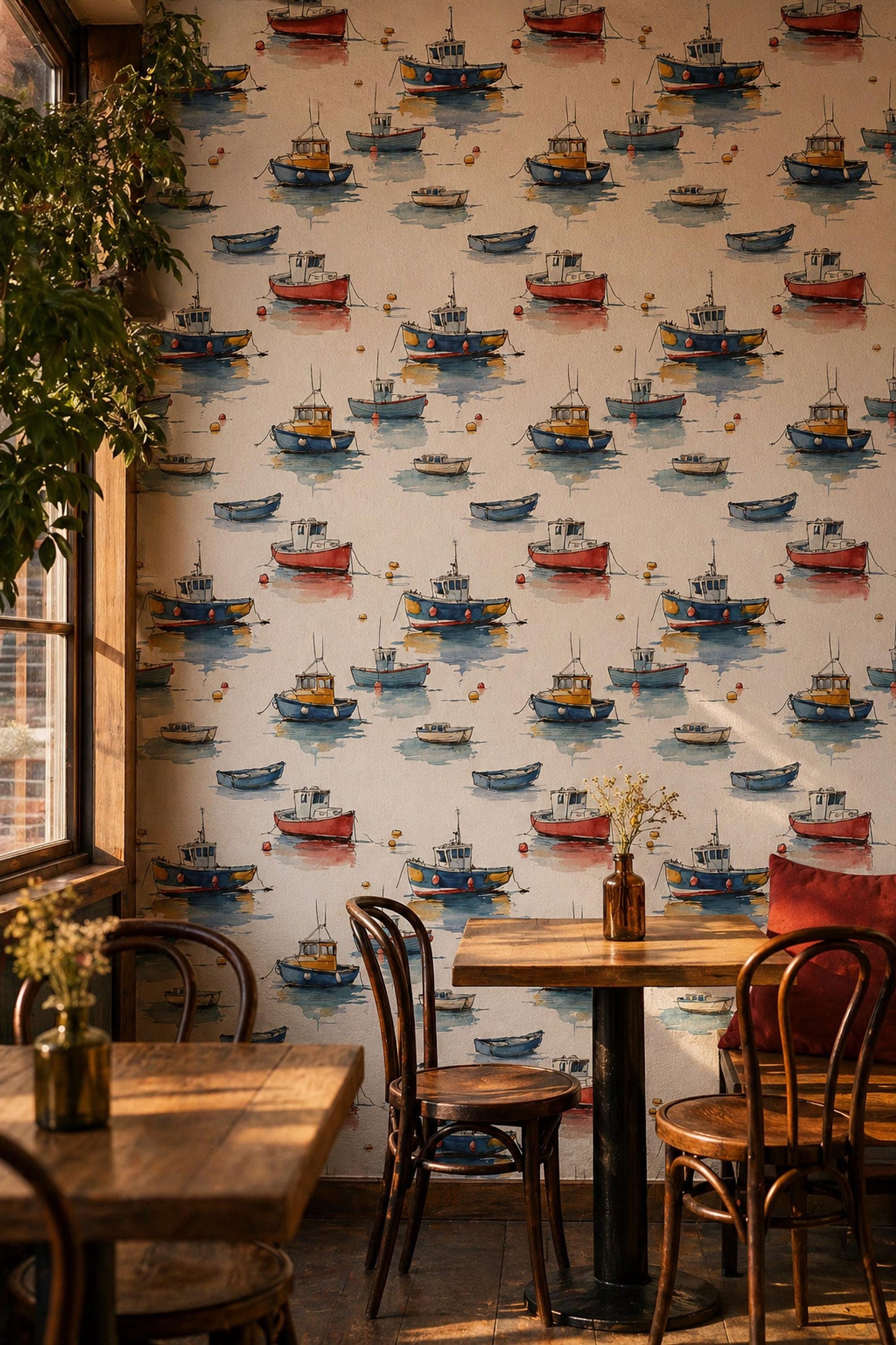 Coastal Boat Wallpaper Watercolor Nautical Pattern Beach House Wall Decor