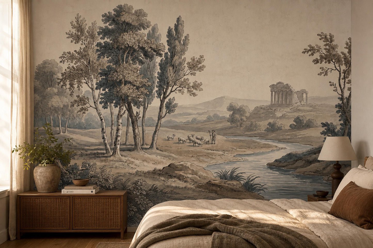 Classical Landscape Wallpaper Toile Illustration Antique Parchment Wall Mural