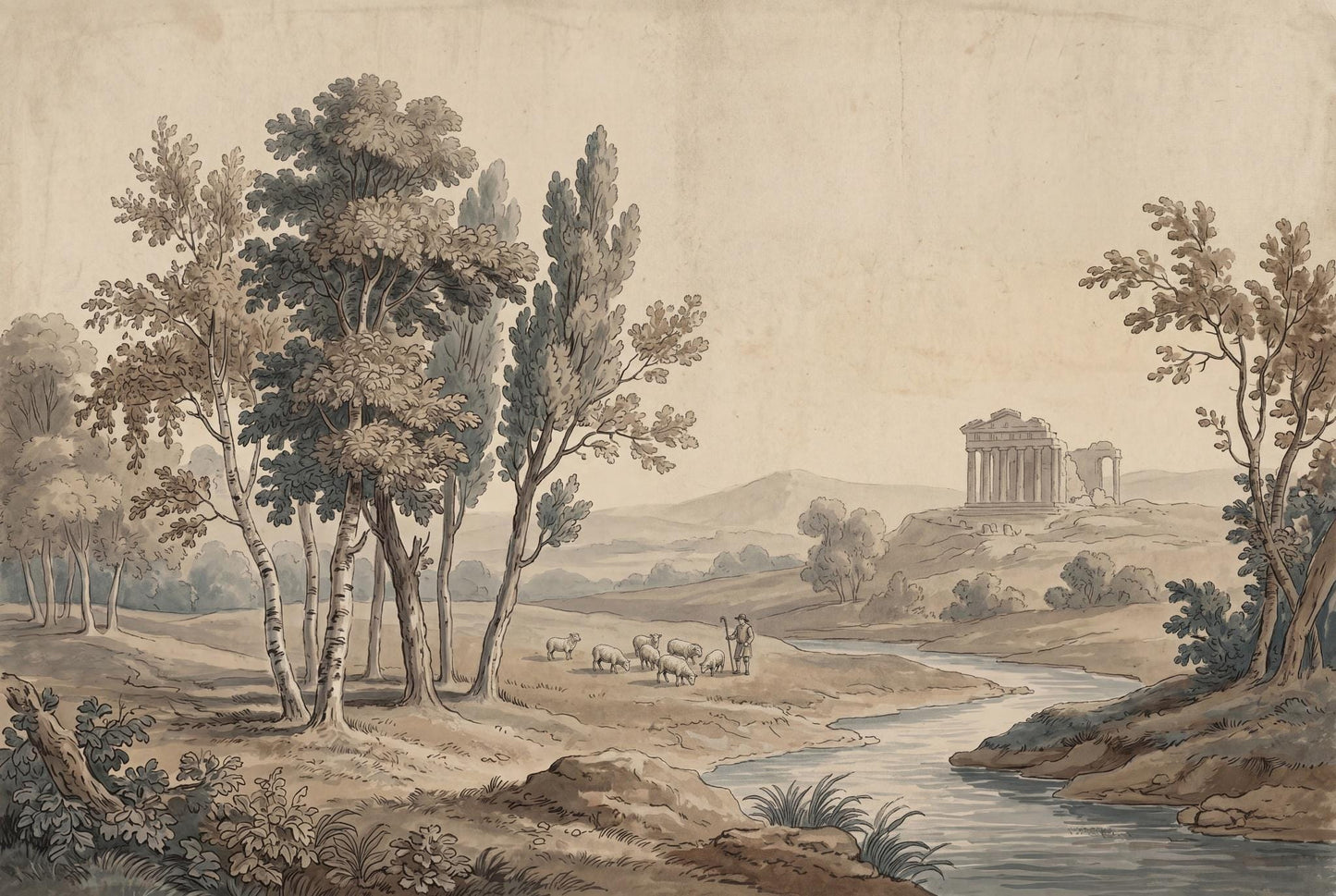 Classical Landscape Wallpaper Toile Illustration Antique Parchment Wall Mural