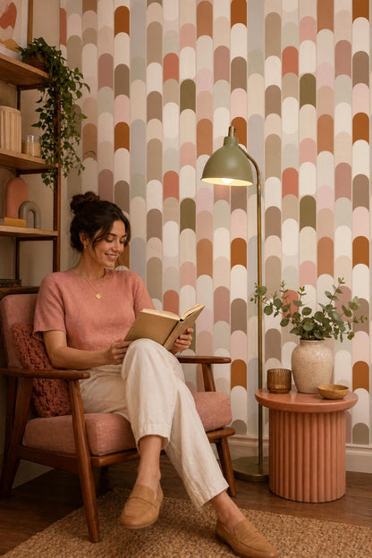 Geometric Neutral Wallpaper Mid Century Arch Pattern Modern Wall Decor