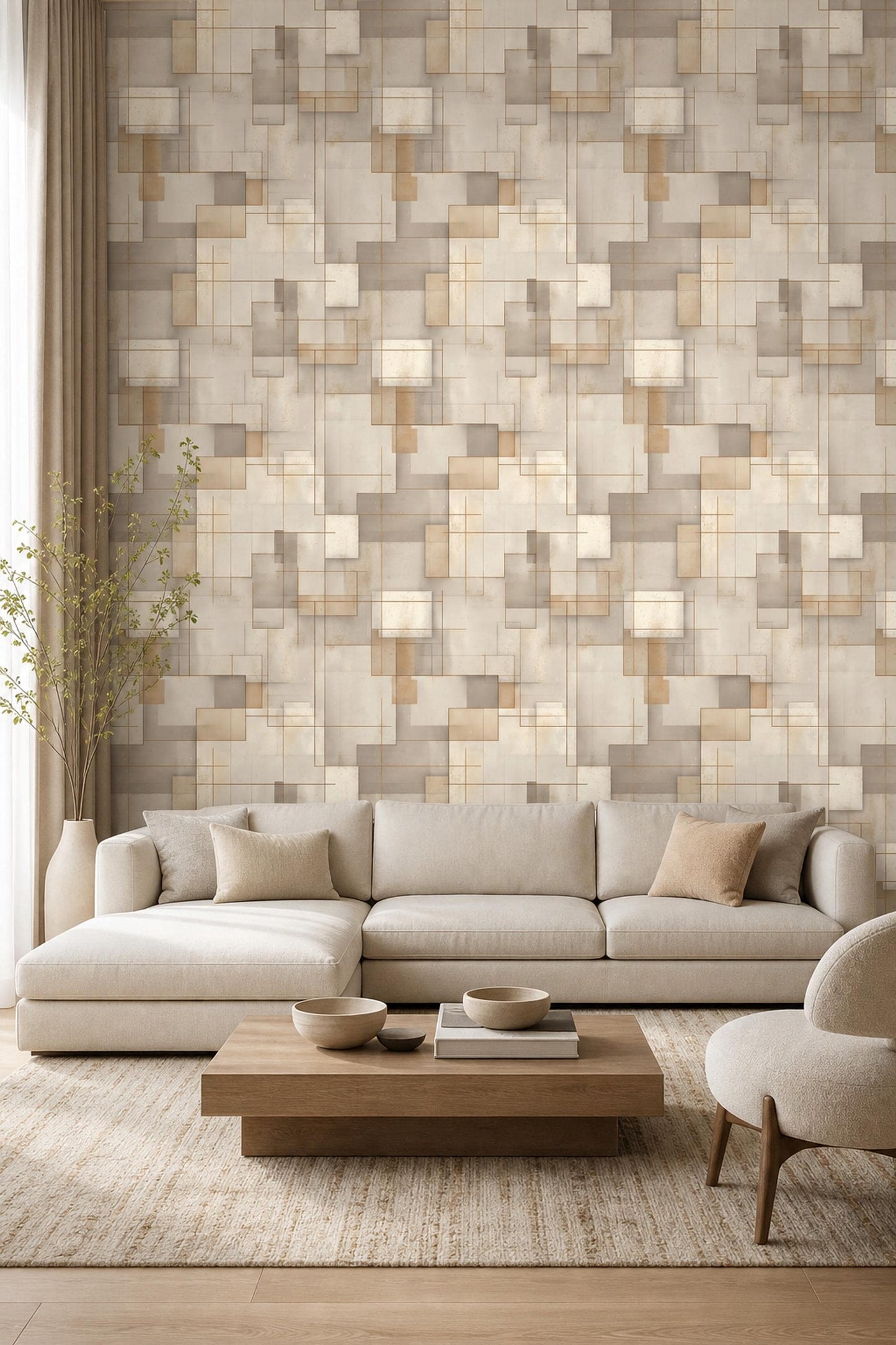 Modern Neutral Geometric Wallpaper Abstract Line Pattern Minimal Wall Decor