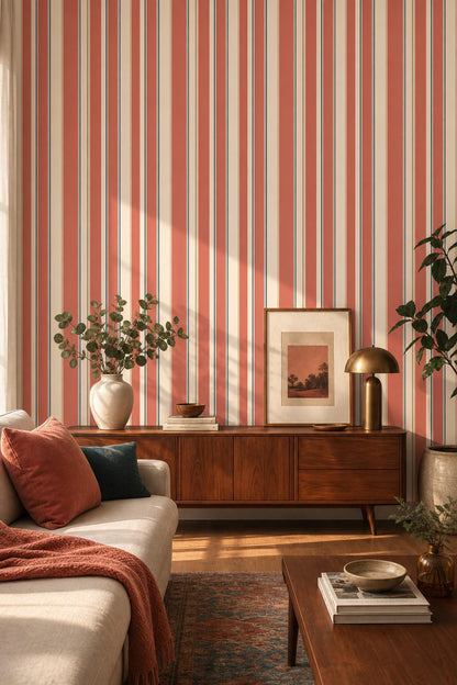 Warm Stripe Wallpaper Retro Modern Vertical Lines Neutral Wall Decor Home Design