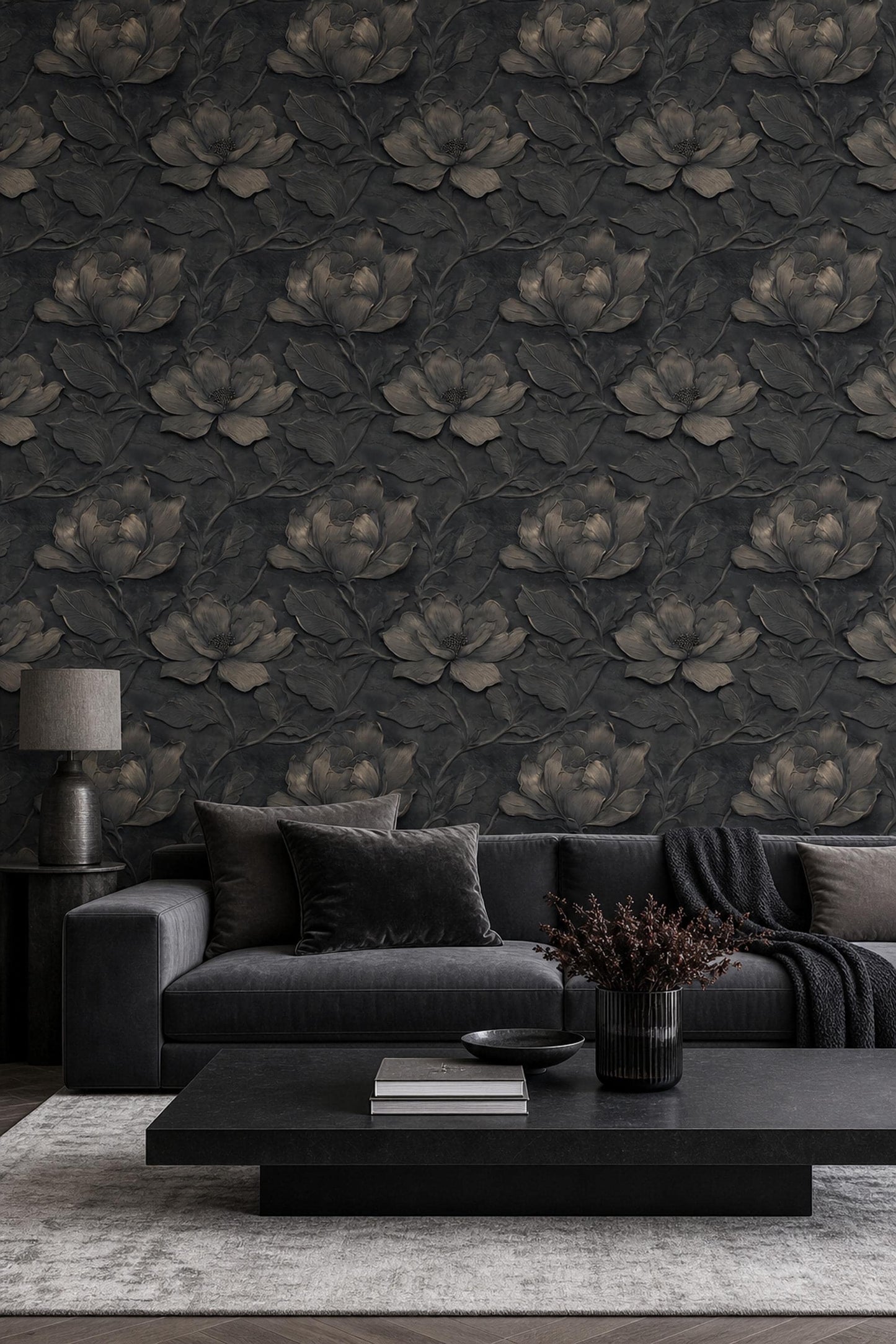 Dark Floral Wallpaper Embossed 3D Luxury Wall Mural Moody Interior Decor
