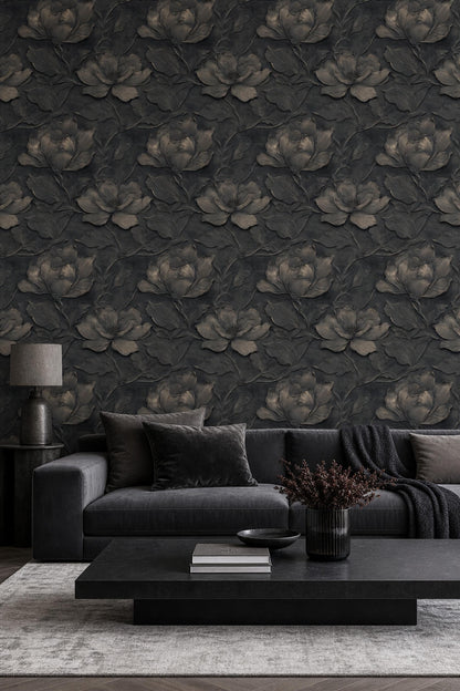 Dark Floral Wallpaper Embossed 3D Luxury Wall Mural Moody Interior Decor