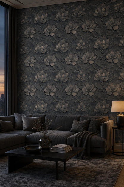 Dark Floral Wallpaper Embossed 3D Luxury Wall Mural Moody Interior Decor