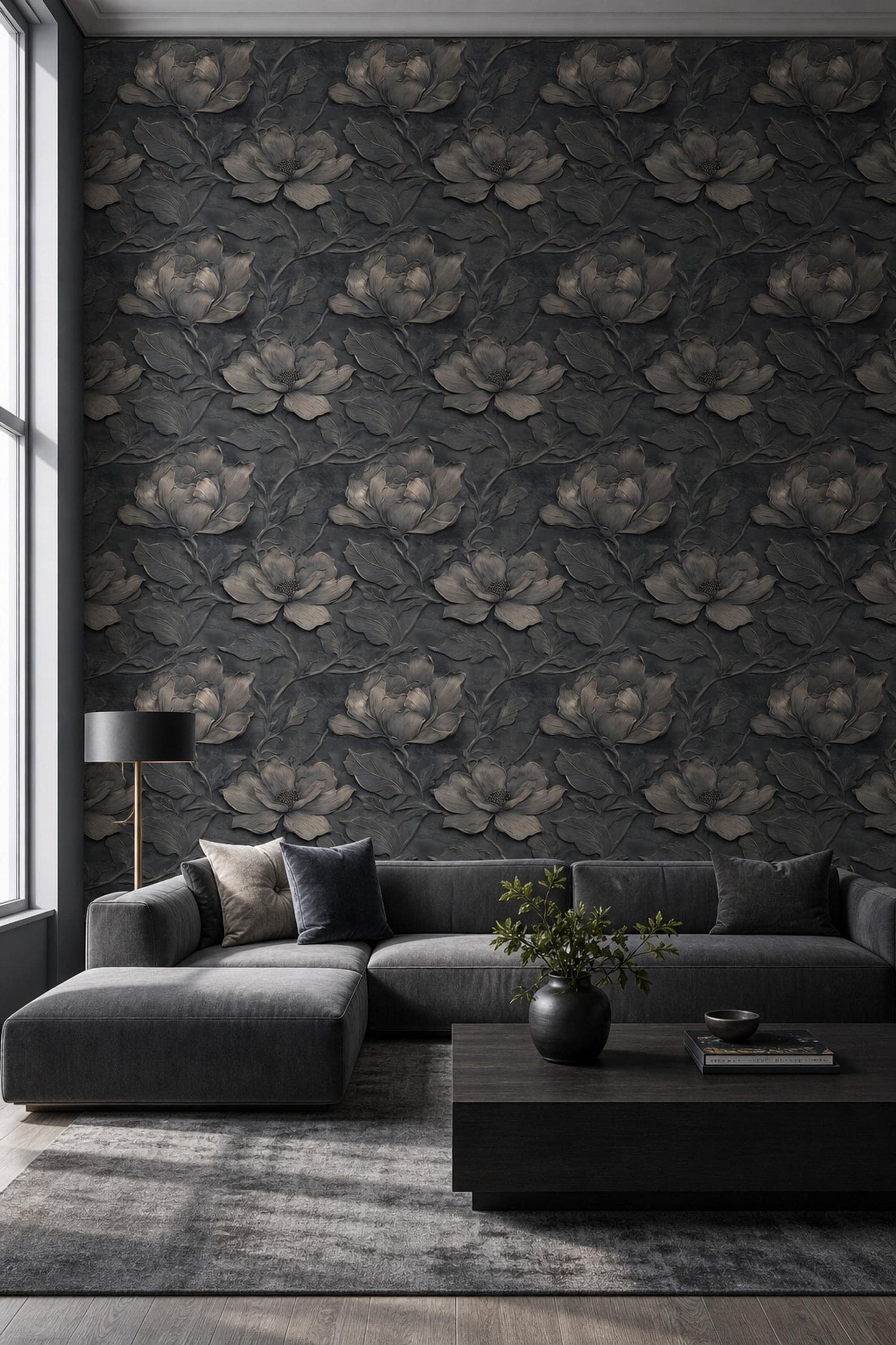 Dark Floral Wallpaper Embossed 3D Luxury Wall Mural Moody Interior Decor