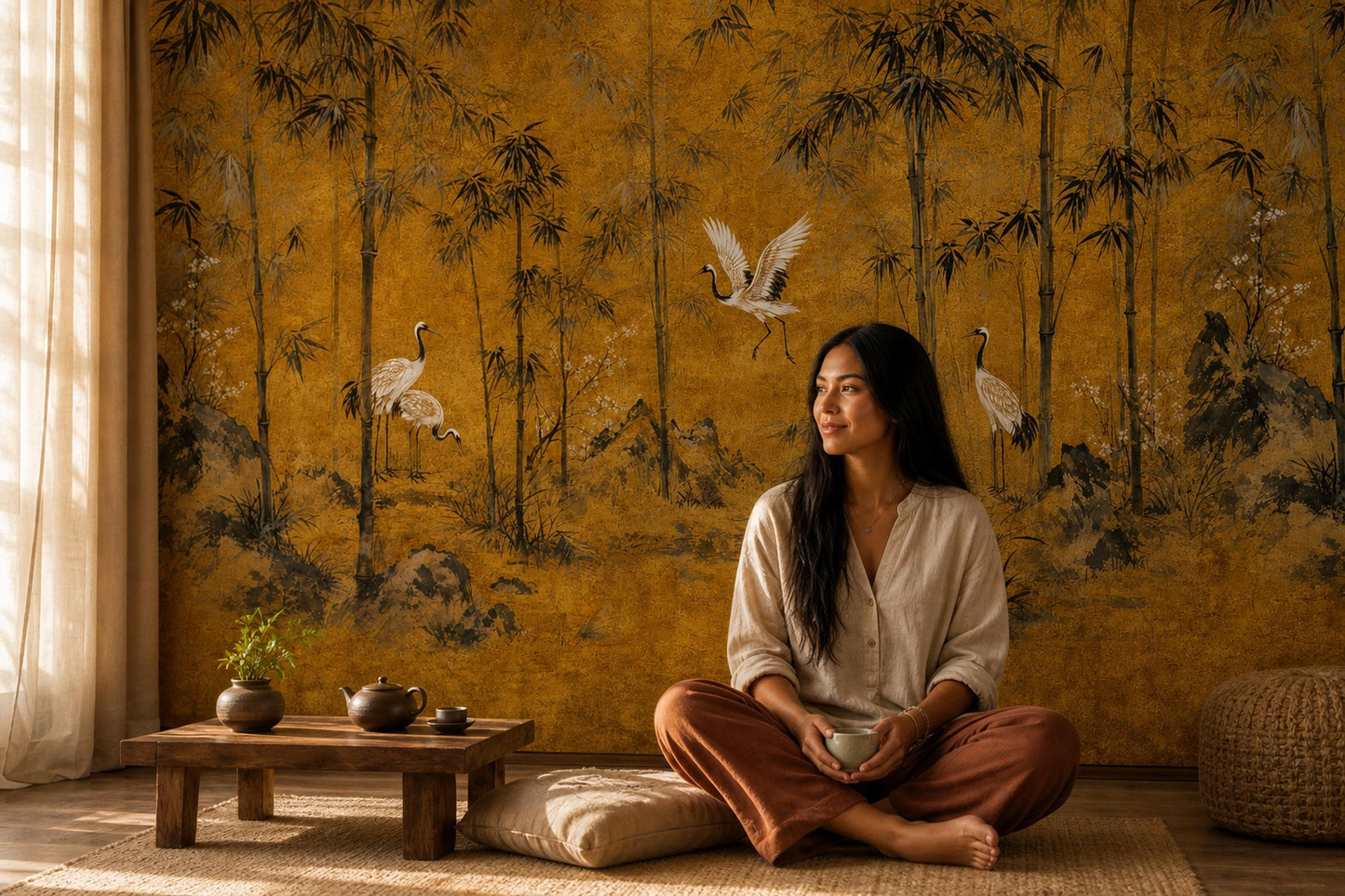 Golden Bamboo Wall Mural Crane Wallpaper Asian Landscape Japandi Zen Decor