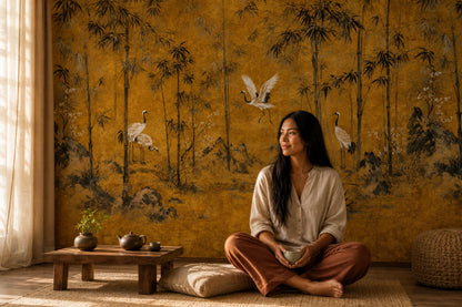 Golden Bamboo Wall Mural Crane Wallpaper Asian Landscape Japandi Zen Decor