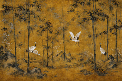 Golden Bamboo Wall Mural Crane Wallpaper Asian Landscape Japandi Zen Decor