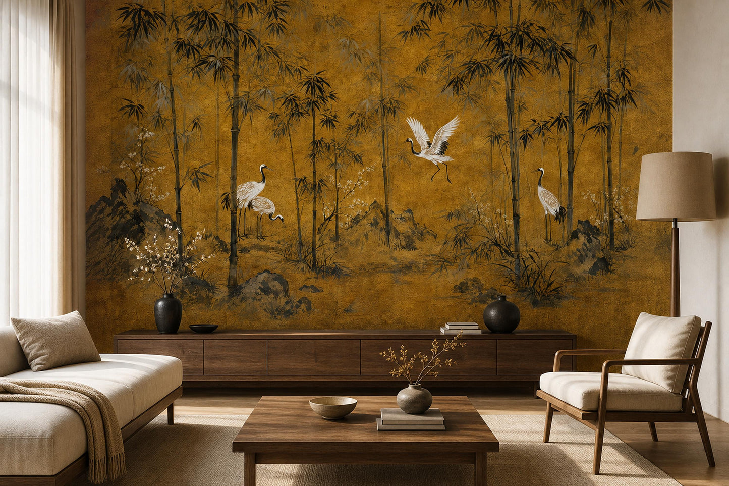 Golden Bamboo Wall Mural Crane Wallpaper Asian Landscape Japandi Zen Decor
