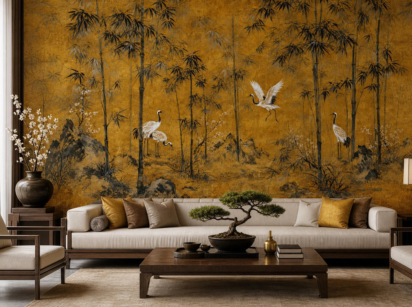 Golden Bamboo Wall Mural Crane Wallpaper Asian Landscape Japandi Zen Decor
