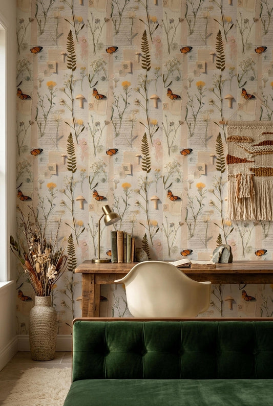 Vintage Botanical Wallpaper Butterfly Herbarium Pattern Cottagecore Nature Wall Decor