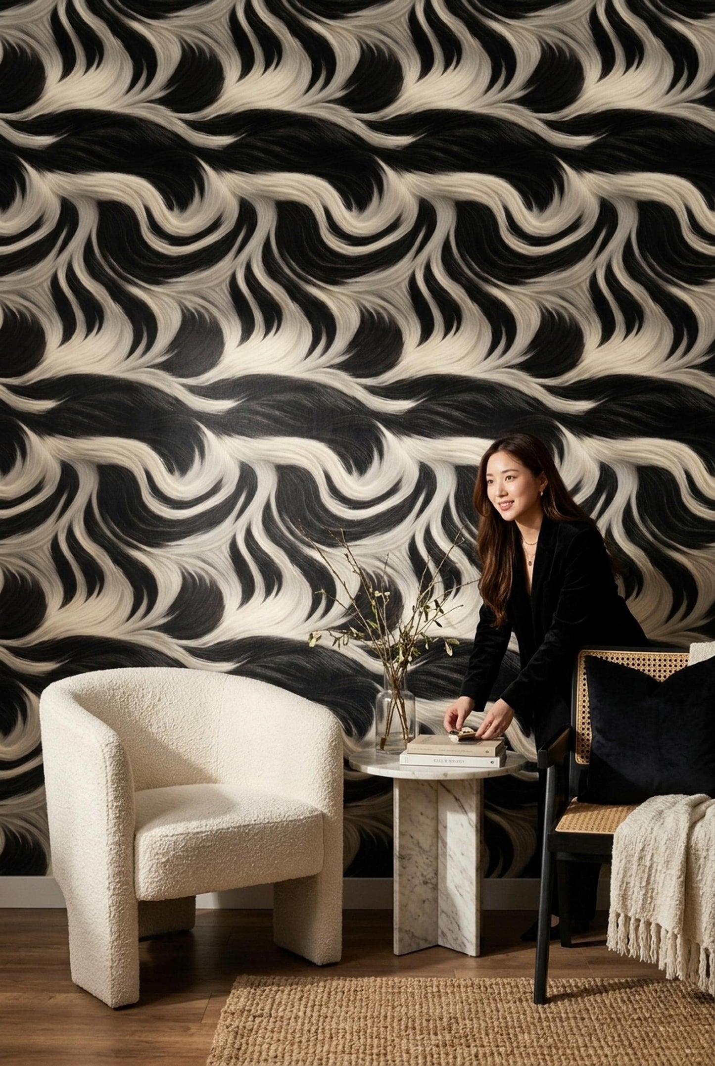 Abstract Zebra Fur Wallpaper Black White Organic Pattern Luxury Modern Statement Wall Decor