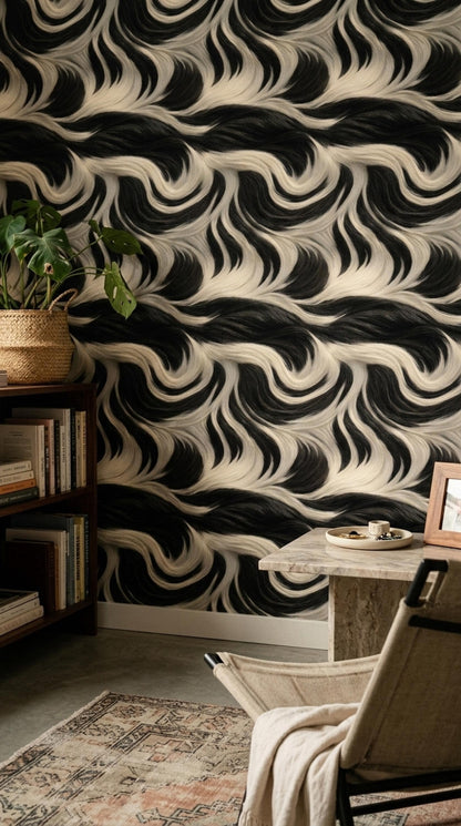 Abstract Zebra Fur Wallpaper Black White Organic Pattern Luxury Modern Statement Wall Decor
