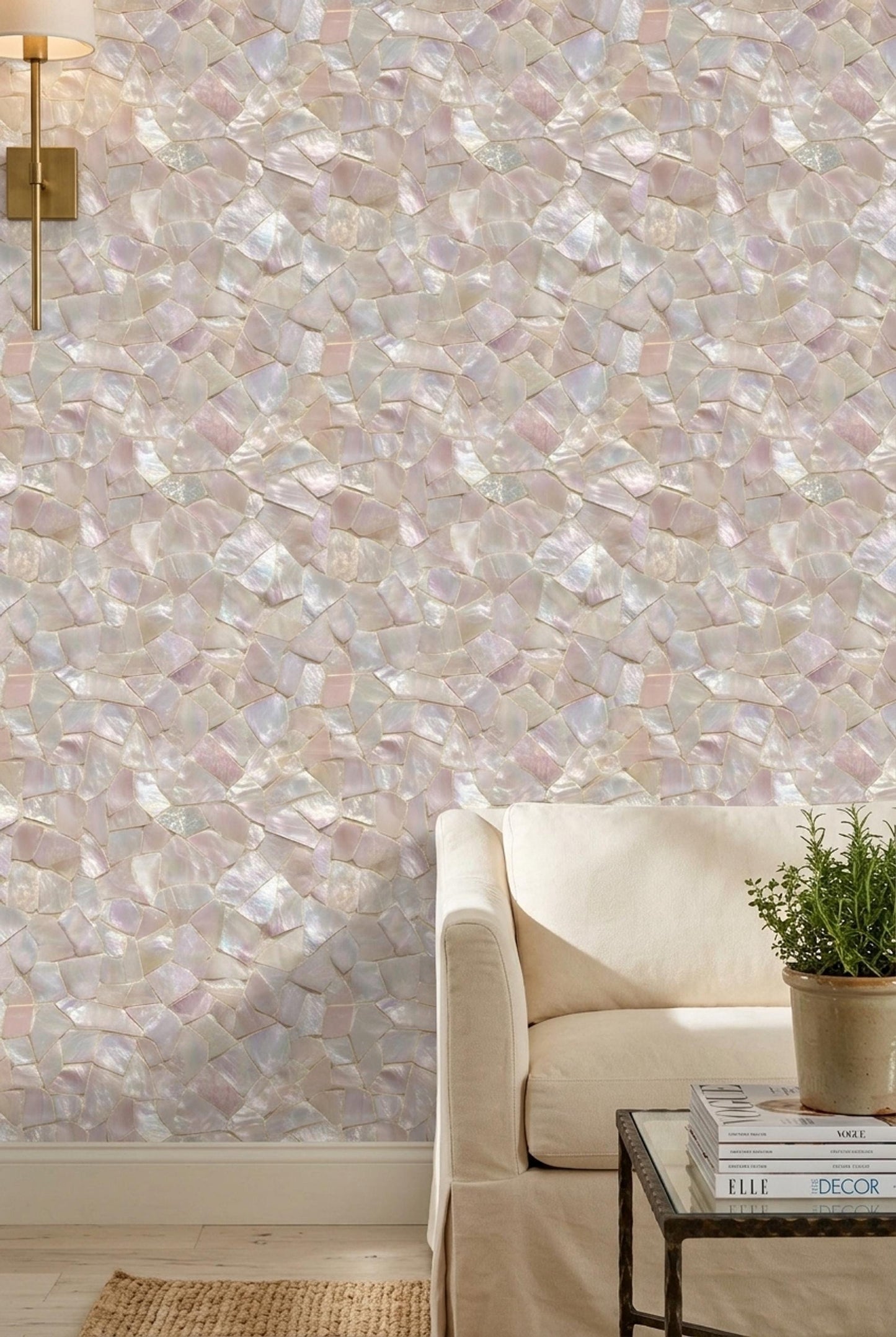 Mother of Pearl Wallpaper Iridescent Shell Mosaic Pattern Luxury Coastal Wall Decor