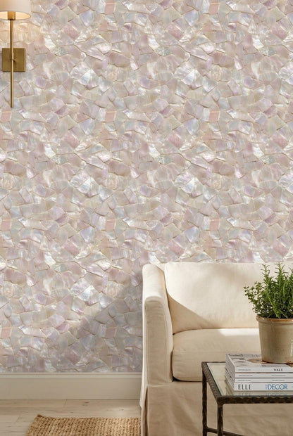 Mother of Pearl Wallpaper Iridescent Shell Mosaic Pattern Luxury Coastal Wall Decor
