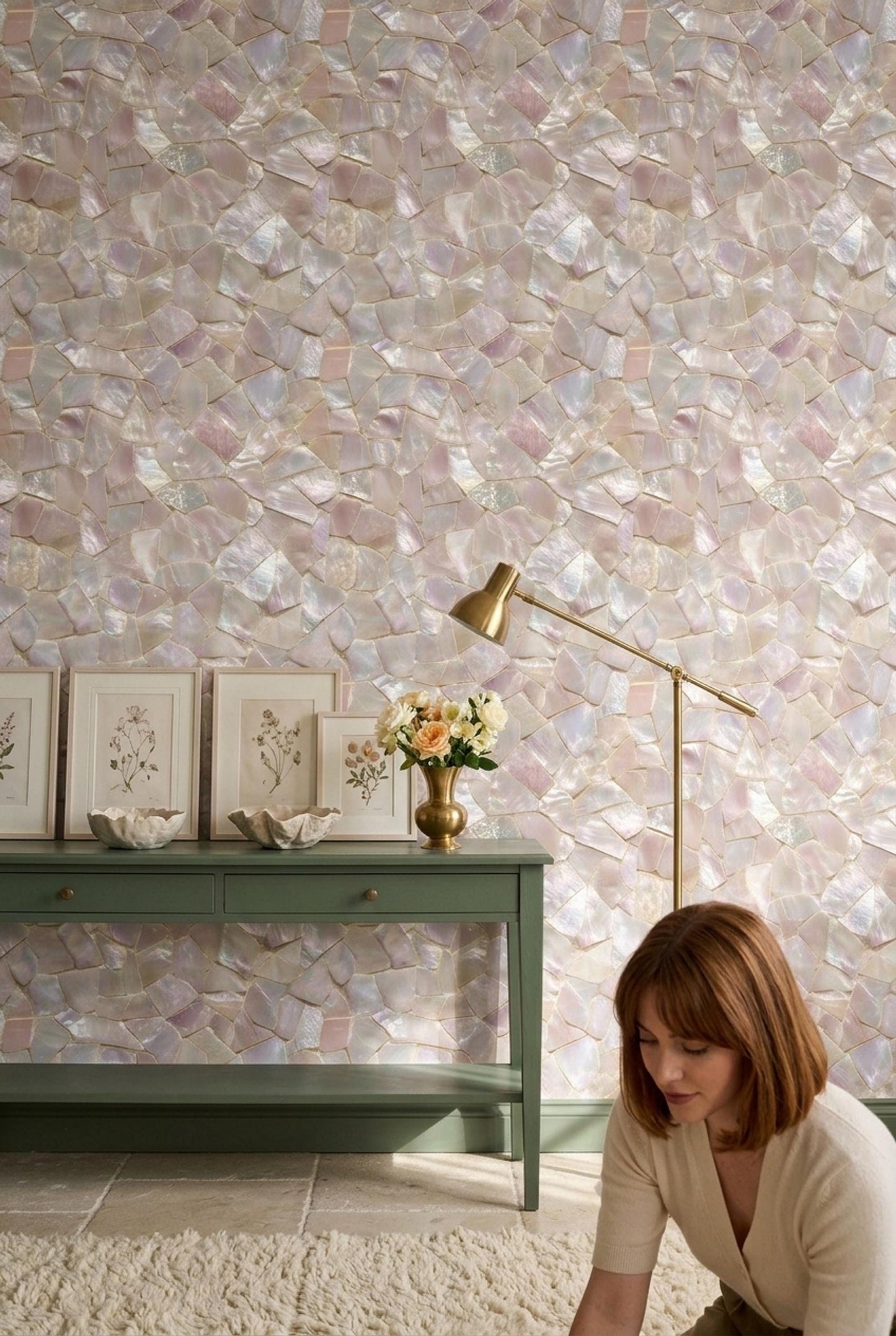 Mother of Pearl Wallpaper Iridescent Shell Mosaic Pattern Luxury Coastal Wall Decor