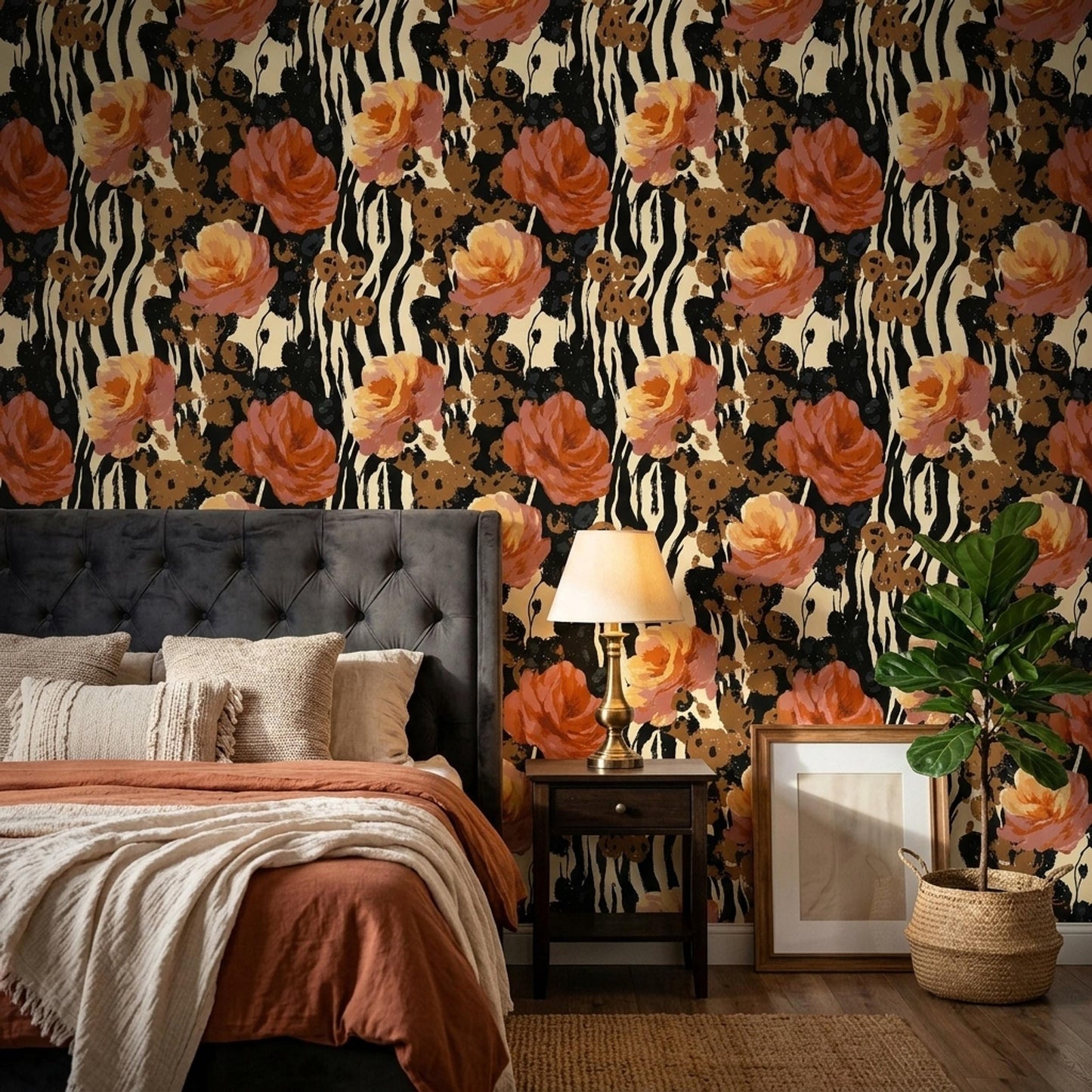 Maximalist Floral Wallpaper Animal Print Botanical Pattern Moody Luxury Wall Decor