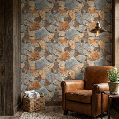 Rustic Stone Wall Wallpaper Faux Rock Pattern Natural Stacked Stone Cabin Lodge Decor
