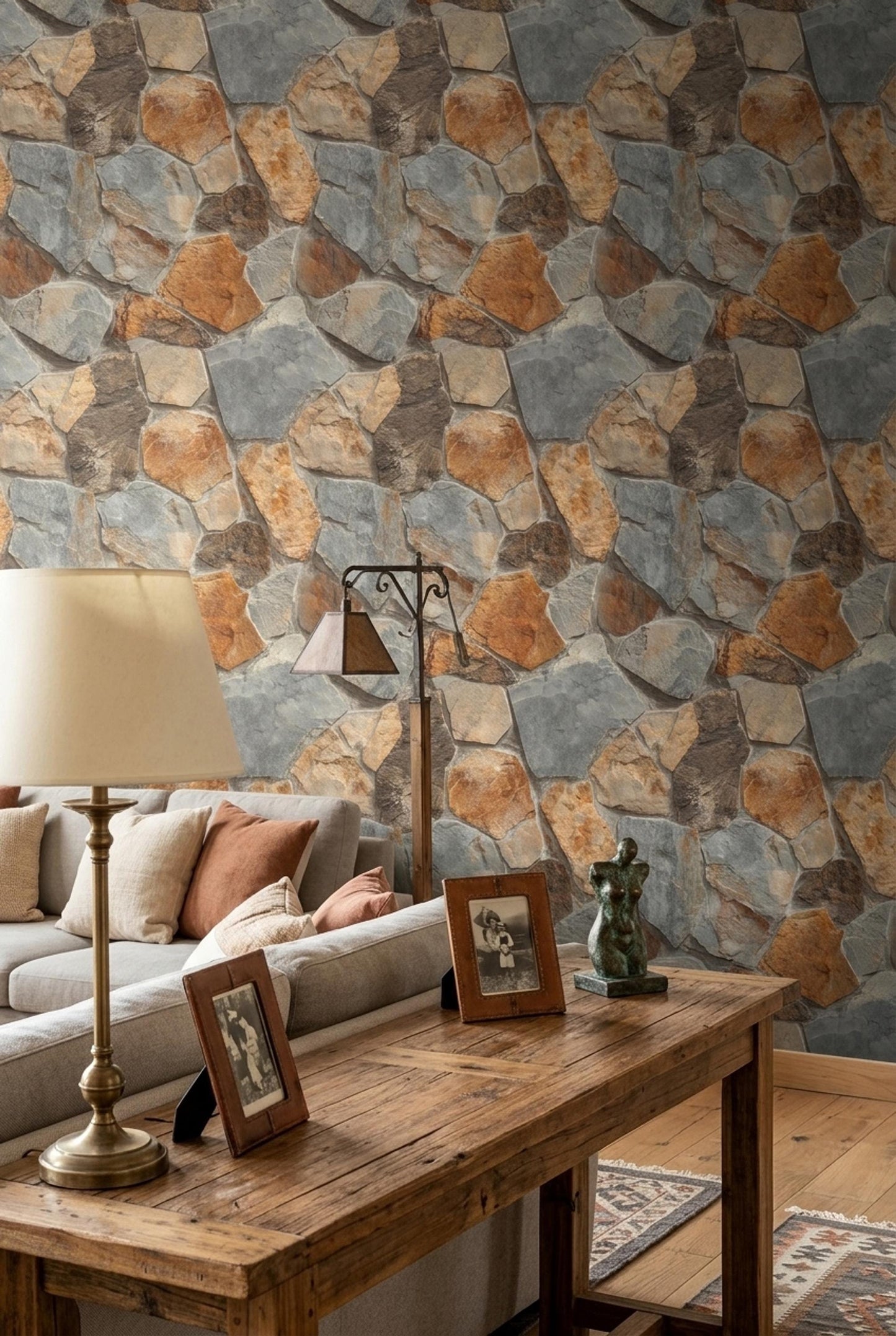Rustic Stone Wall Wallpaper Faux Rock Pattern Natural Stacked Stone Cabin Lodge Decor