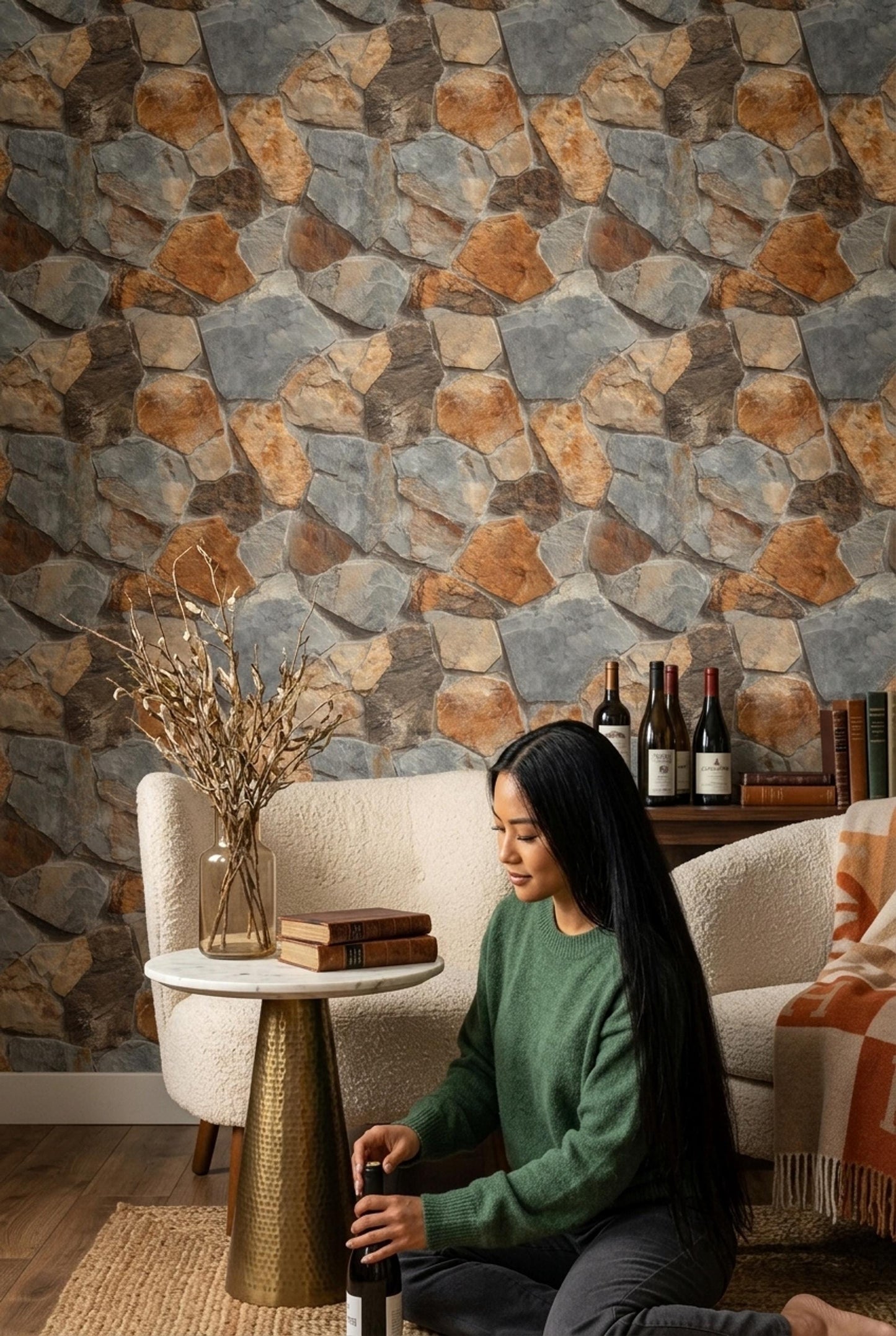 Rustic Stone Wall Wallpaper Faux Rock Pattern Natural Stacked Stone Cabin Lodge Decor